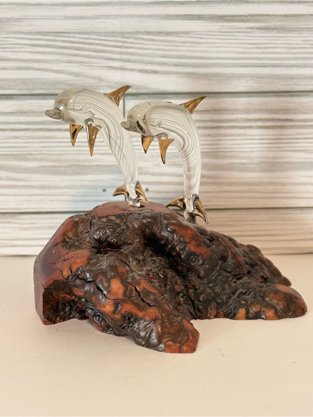 Vintage Glass Baron Double Dolphin Figurine Burl Wood Base 22k Gold Blown Glass